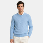 Men's Crew Neck Sweater with Diamond Pattern and Ribbed Trim
