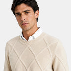 Men's Crew Neck Sweater with Diamond Pattern and Ribbed Trim