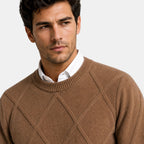 Men's Crew Neck Sweater with Diamond Pattern and Ribbed Trim