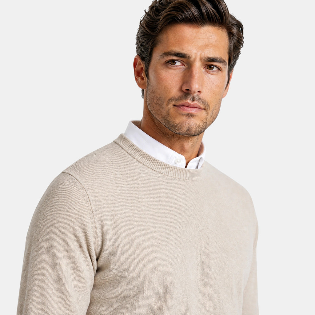 Men's Crew Neck Sweater with Ribbed Cuffs and Long Sleeves
