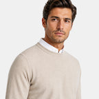 Men's Crew Neck Sweater with Ribbed Cuffs and Long Sleeves