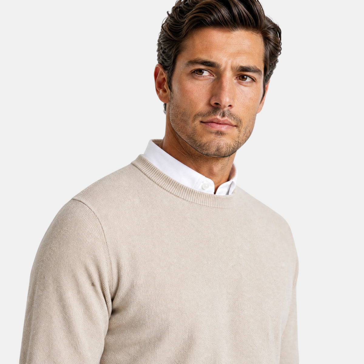 Men's Crew Neck Sweater with Ribbed Cuffs and Long Sleeves