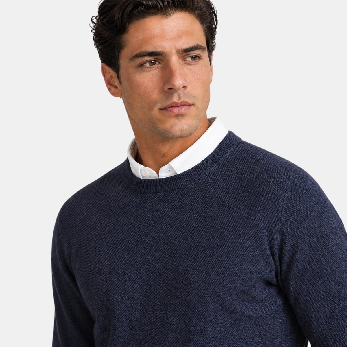 Men's Crew Neck Sweater with Ribbed Cuffs and Long Sleeves