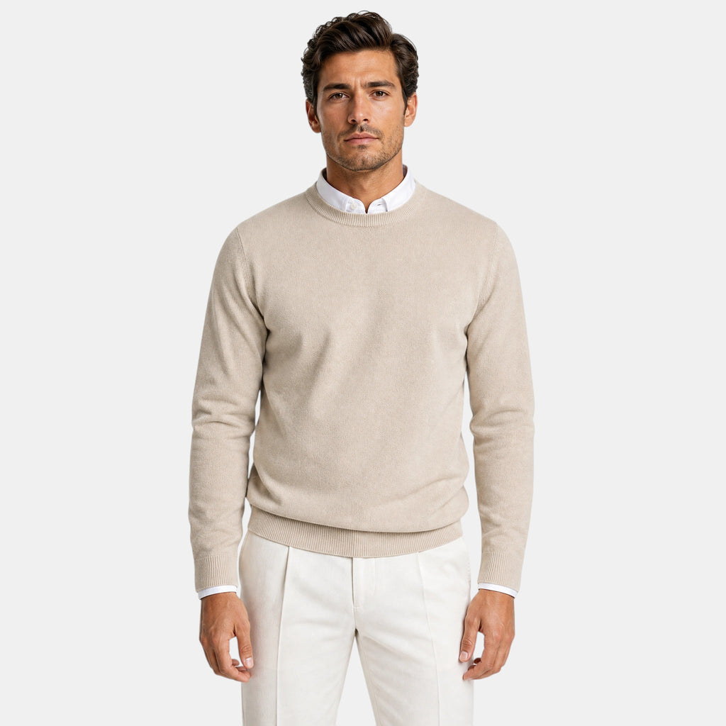 Men's Crew Neck Sweater with Ribbed Cuffs and Long Sleeves