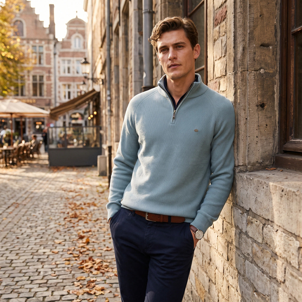 Men's Sweater with Half Zip and Stand Collar