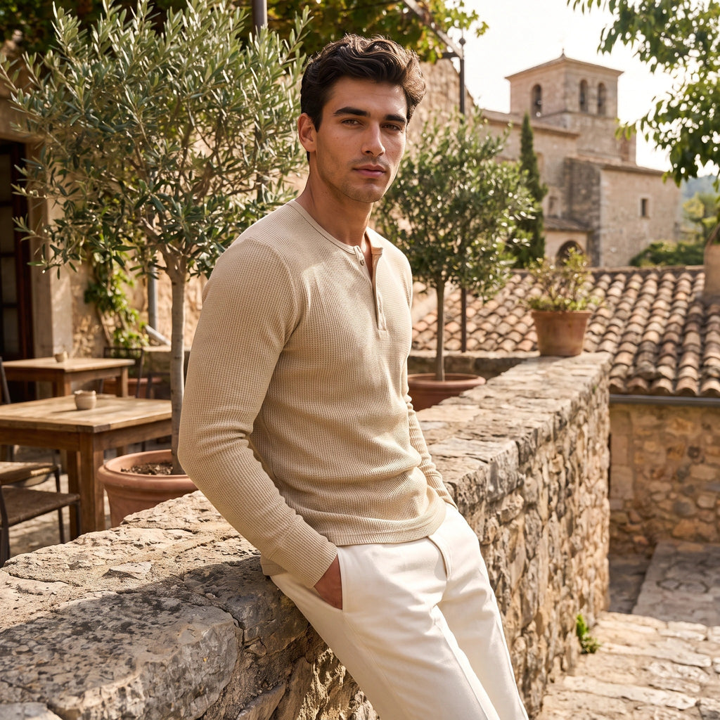 Men's Henley Shirt with Long Sleeves and Button Placket