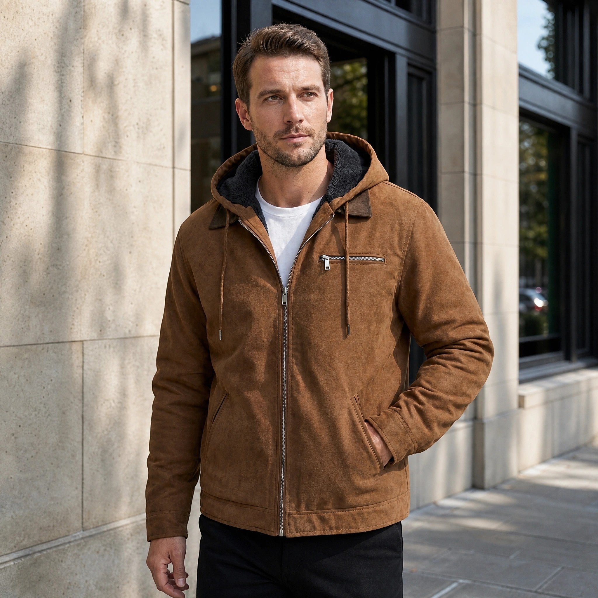 Men's Hooded Jacket with Full Zip and Chest Pocket