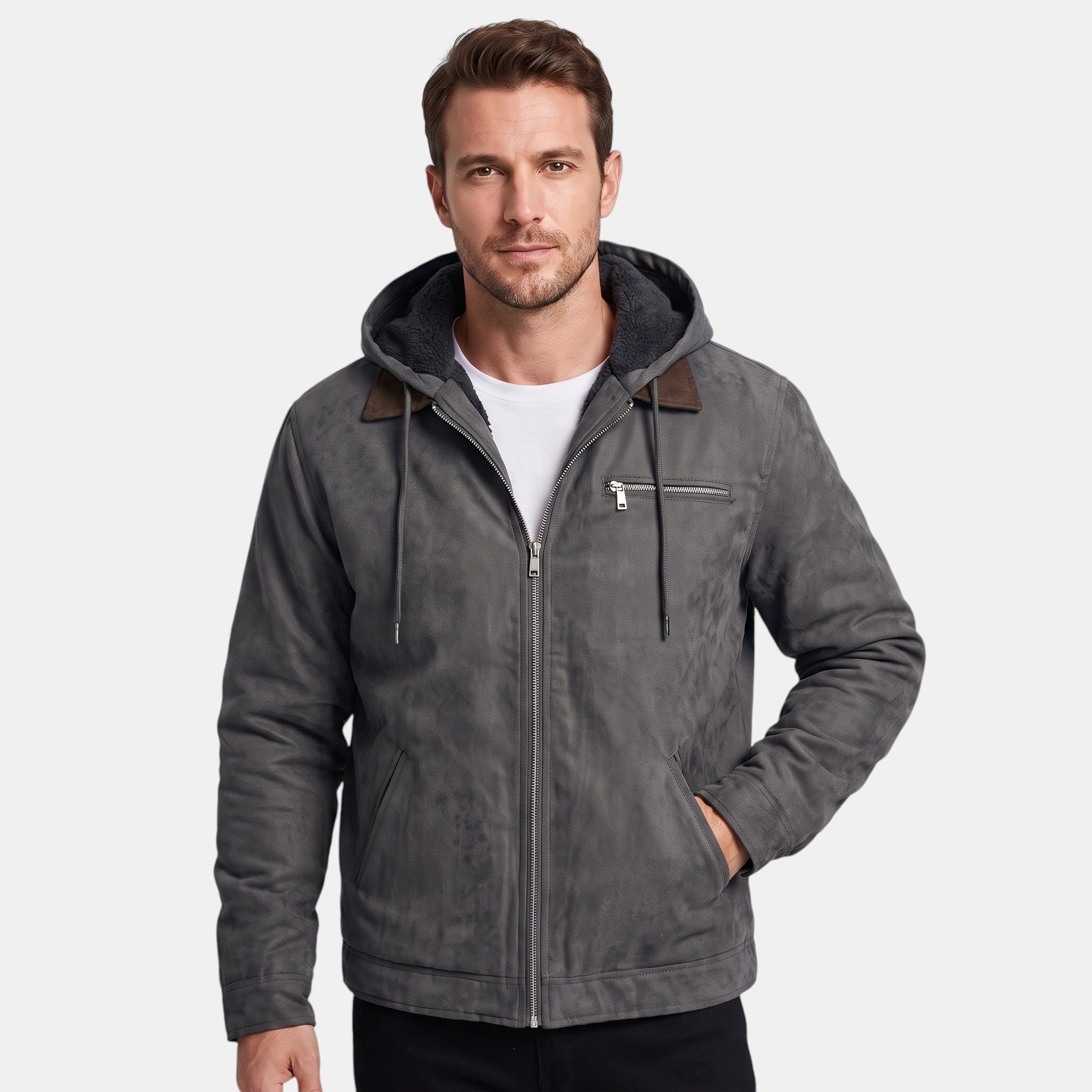 Men's Hooded Jacket with Full Zip and Chest Pocket