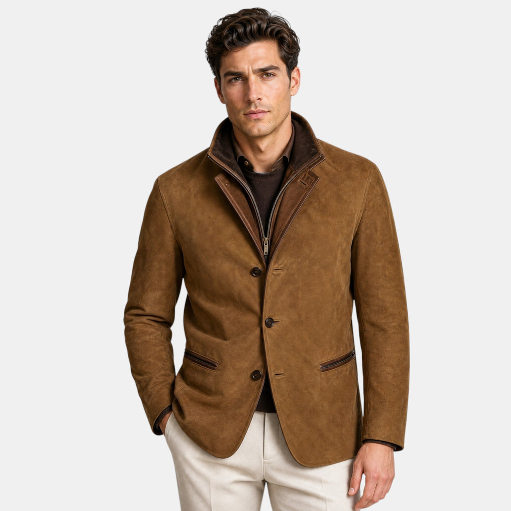Men's Jacket with Single Breasted Button Up and Stand Collar