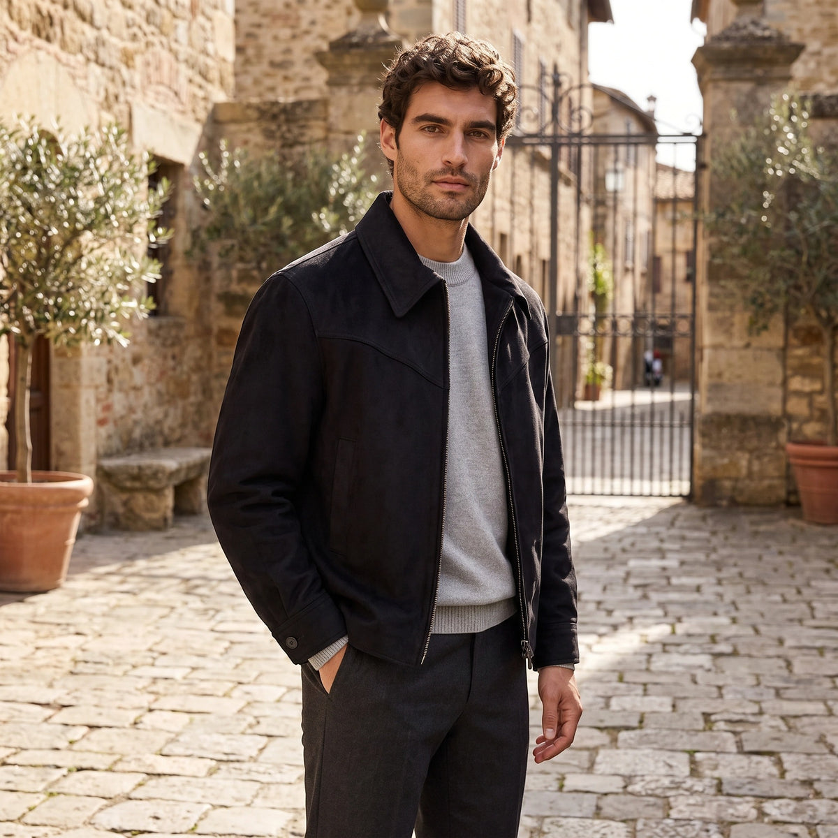 Men's Jacket with Zip Front and Lapel Collar