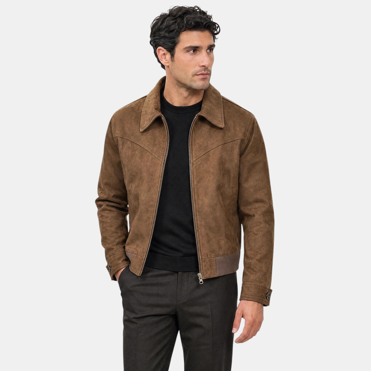 Men's Jacket with Zip Front and Lapel Collar