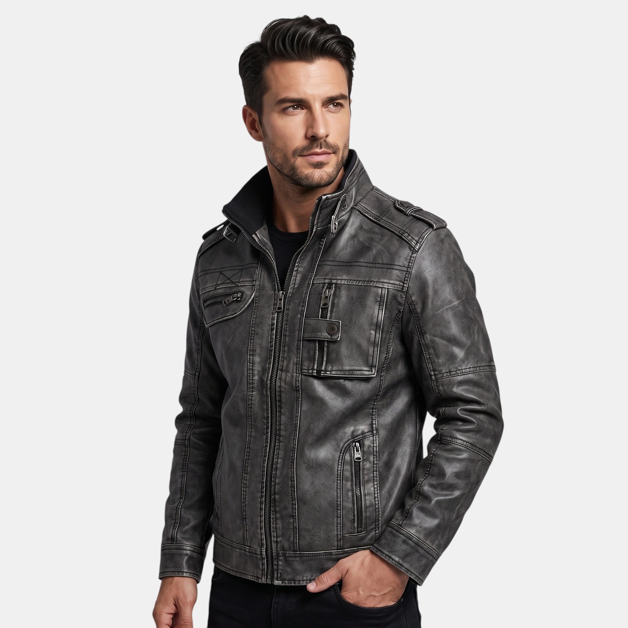 Men's Jacket with Zip Front and Stand Collar with Chest Pockets