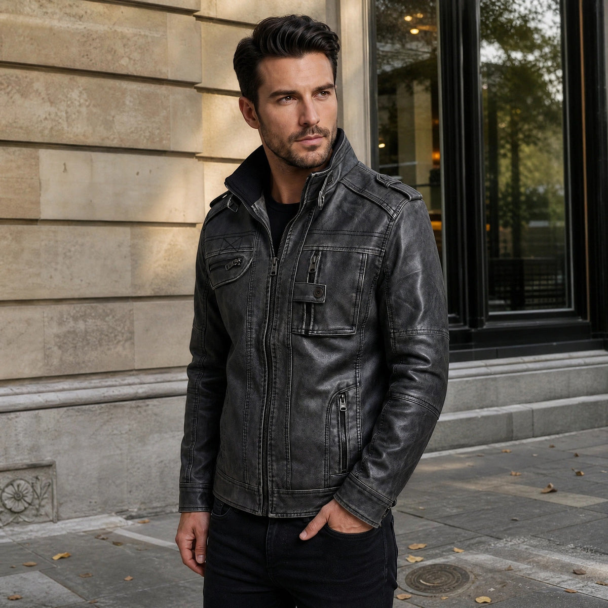 Men's Jacket with Zip Front and Stand Collar with Chest Pockets