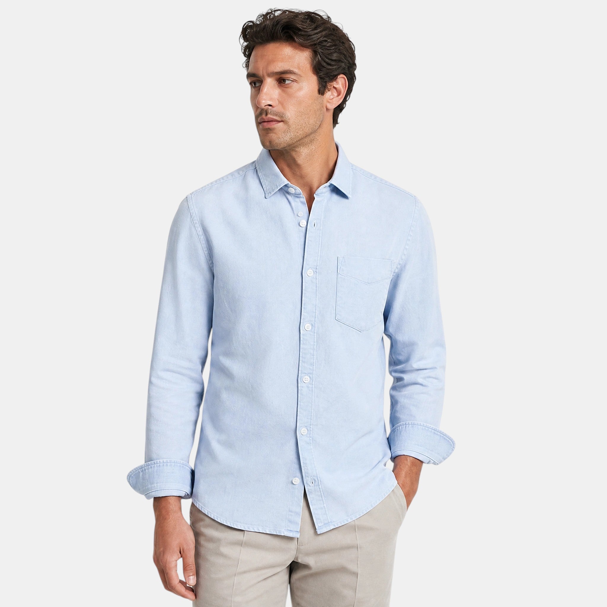 Men's Long Sleeve Shirt with Button Front and Chest Pocket