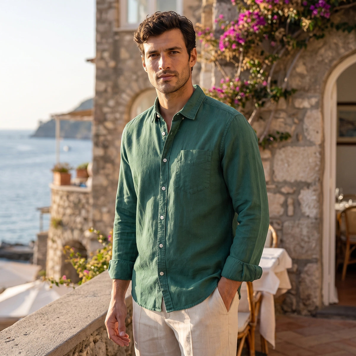 Men's Long Sleeve Shirt with Button Front and Chest Pocket