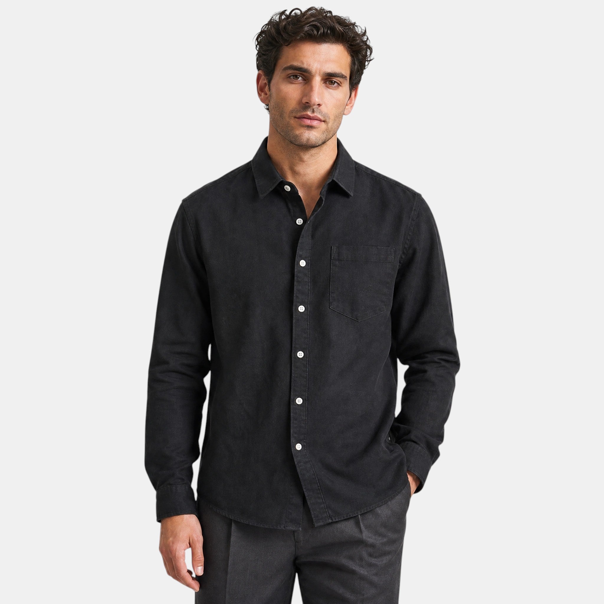 Men's Long Sleeve Shirt with Button Front and Chest Pocket