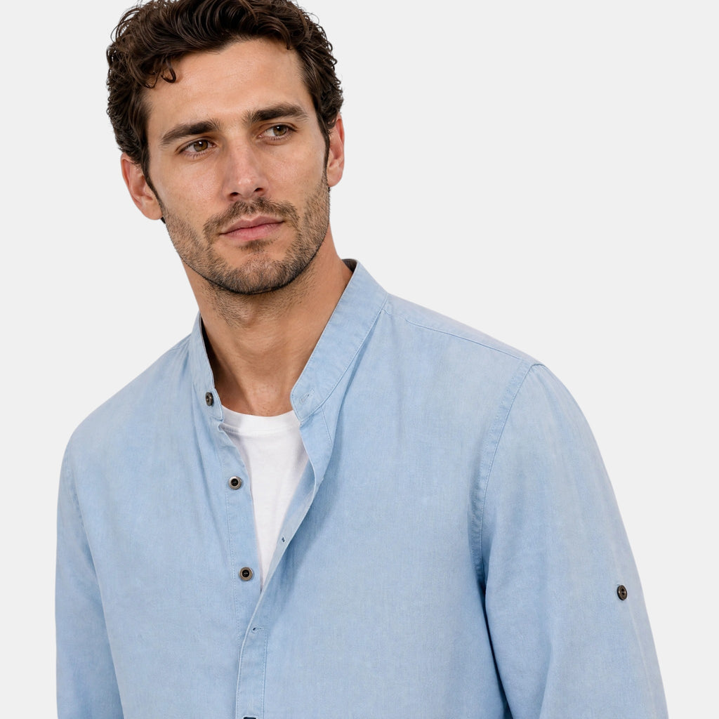 Men's Long Sleeve Shirt with Button Front and Mandarin Collar