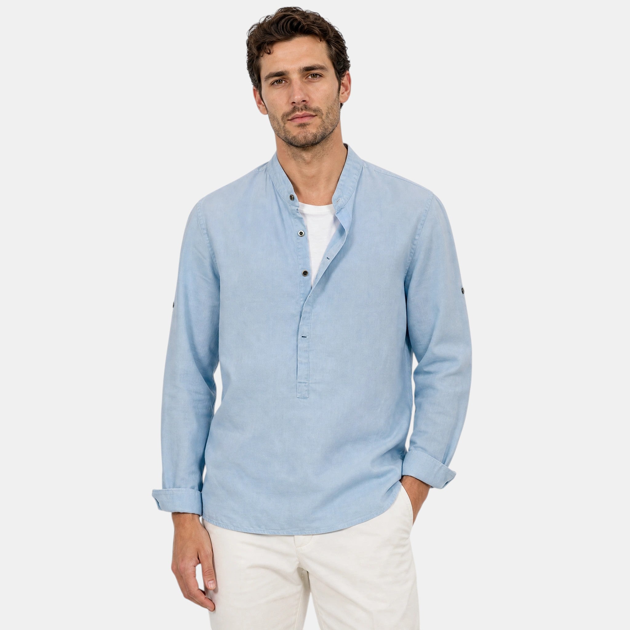 Men's Long Sleeve Shirt with Button Front and Mandarin Collar