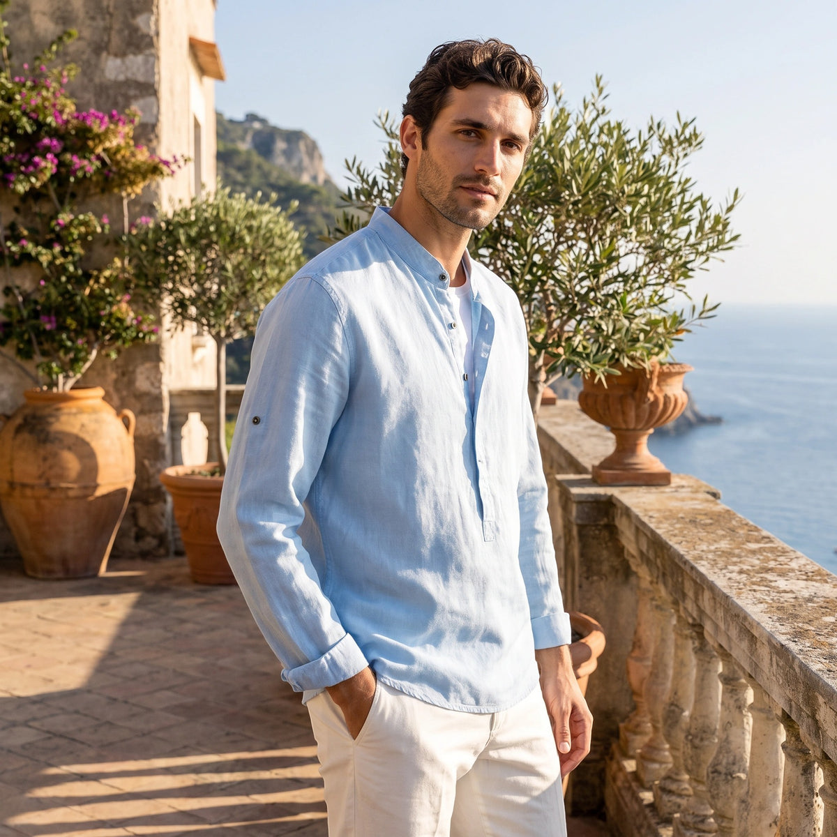 Men's Long Sleeve Shirt with Button Front and Mandarin Collar