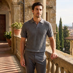 Men's Polo Shirt with Short Sleeves Spread Collar and Ribbed Texture