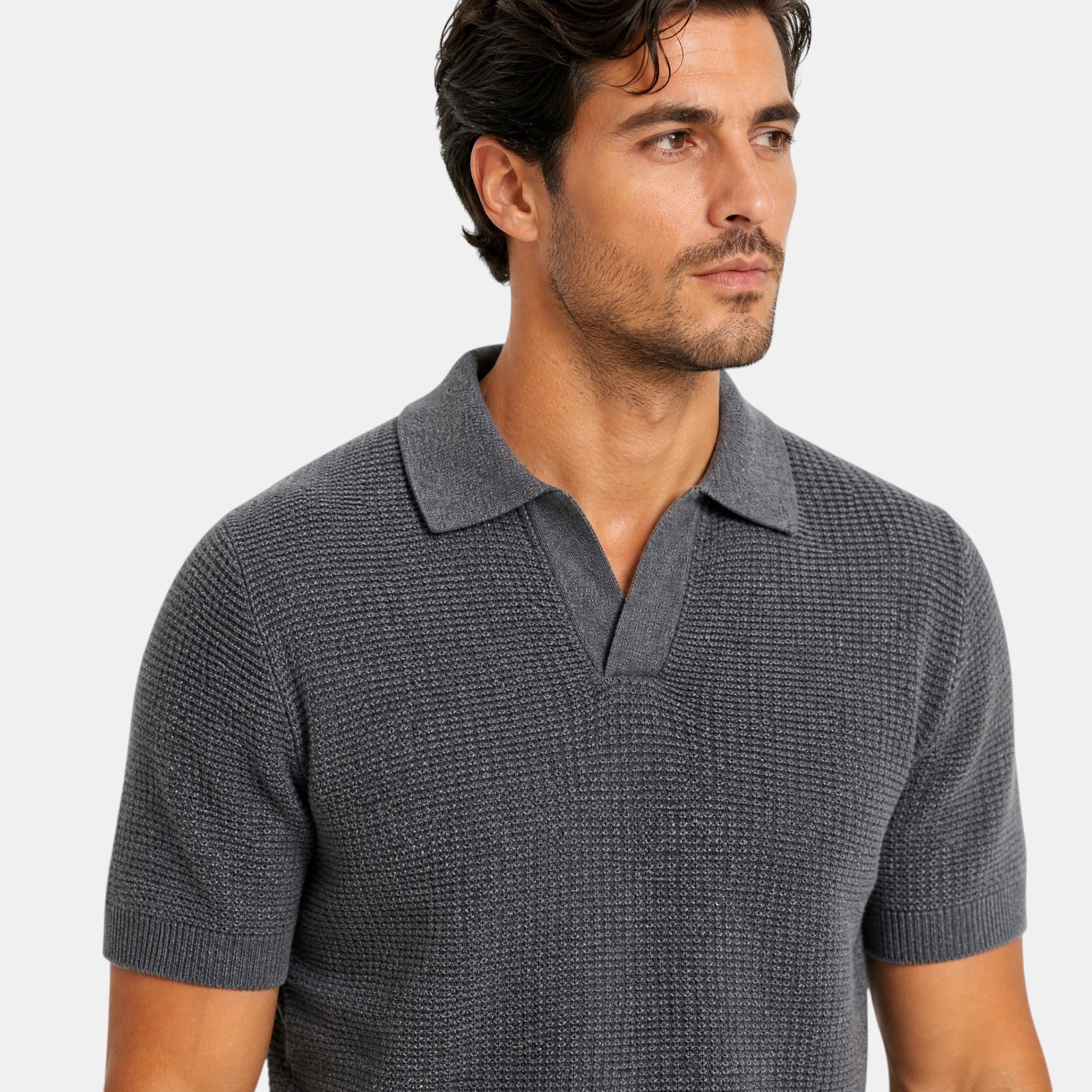 Men's Polo Shirt with Short Sleeves Spread Collar and Ribbed Texture