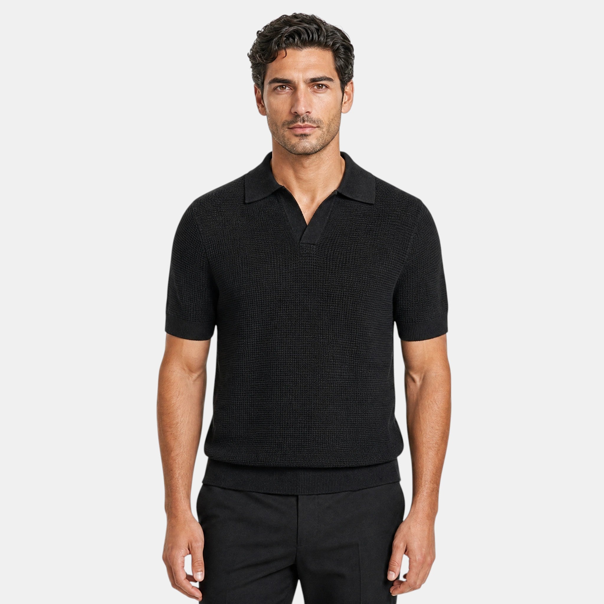 Men's Polo Shirt with Short Sleeves Spread Collar and Ribbed Texture