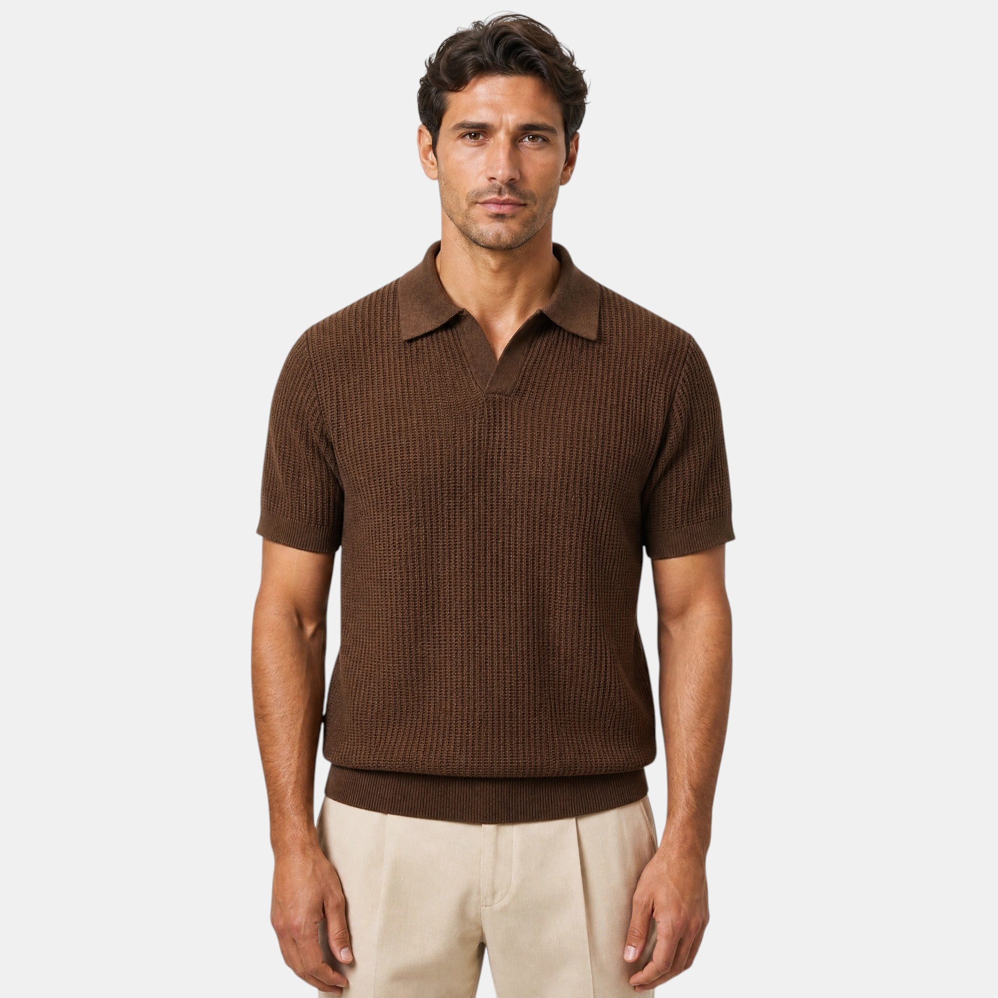 Men's Polo Shirt with Short Sleeves Spread Collar and Ribbed Texture