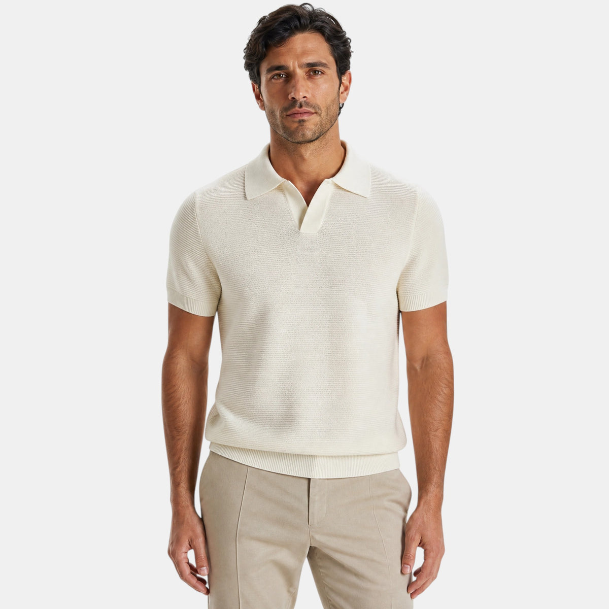 Men's Polo Shirt with Short Sleeves Spread Collar and Ribbed Texture