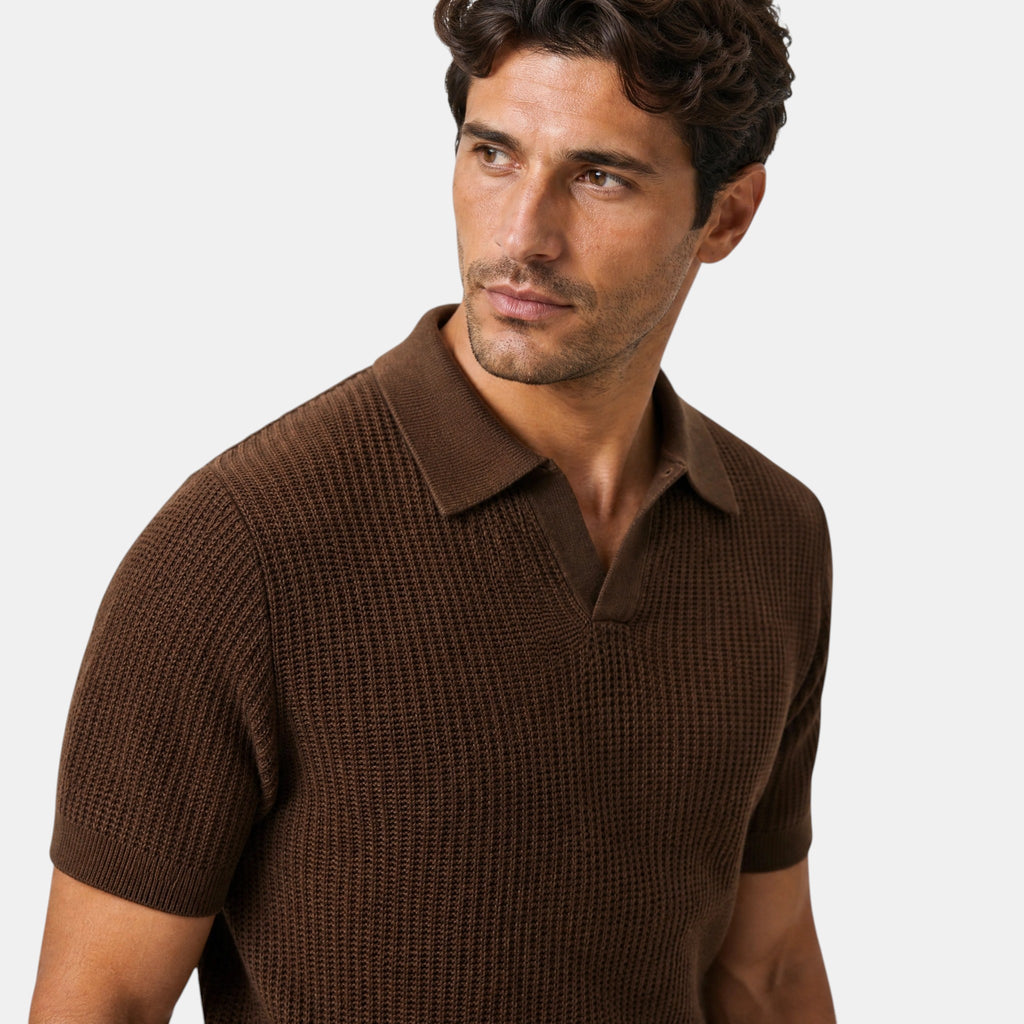 Men's Polo Shirt with Short Sleeves Spread Collar and Ribbed Texture