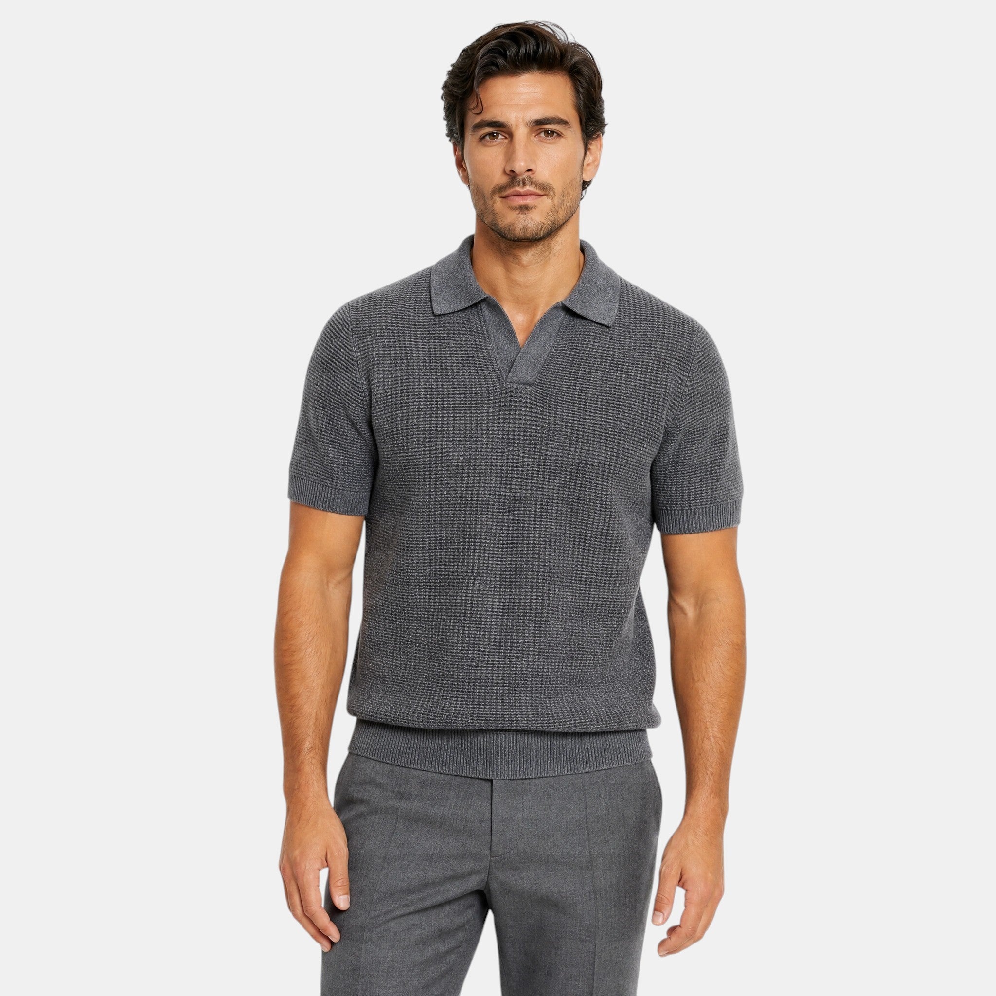 Men's Polo Shirt with Short Sleeves Spread Collar and Ribbed Texture