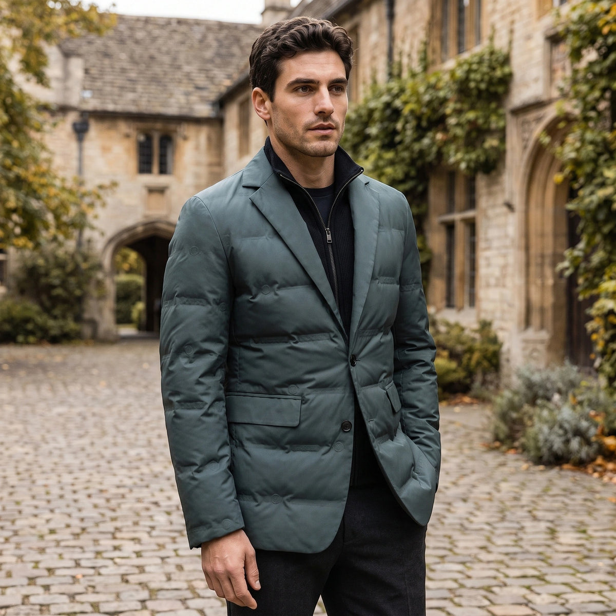 Men's Puffer Blazer with Notch Lapel and Button Front