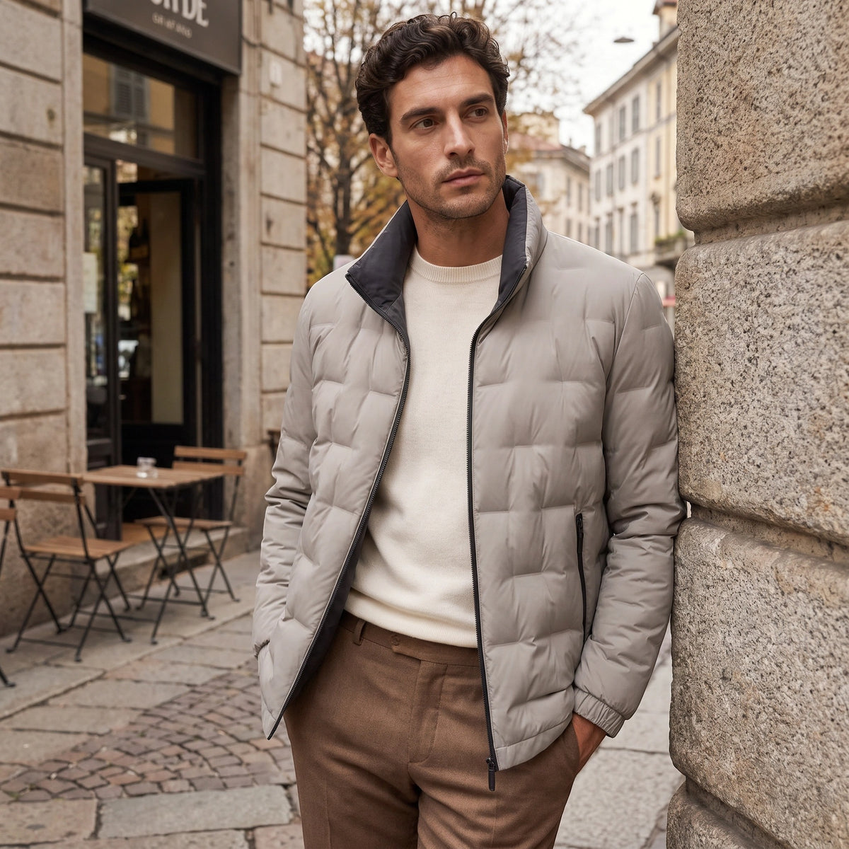 Men's Puffer Jacket with Stand Collar and Zip Front