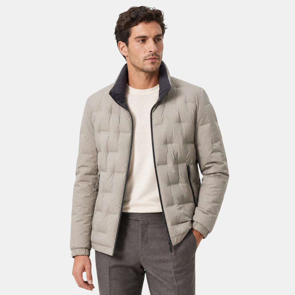 Men's Puffer Jacket with Stand Collar and Zip Front