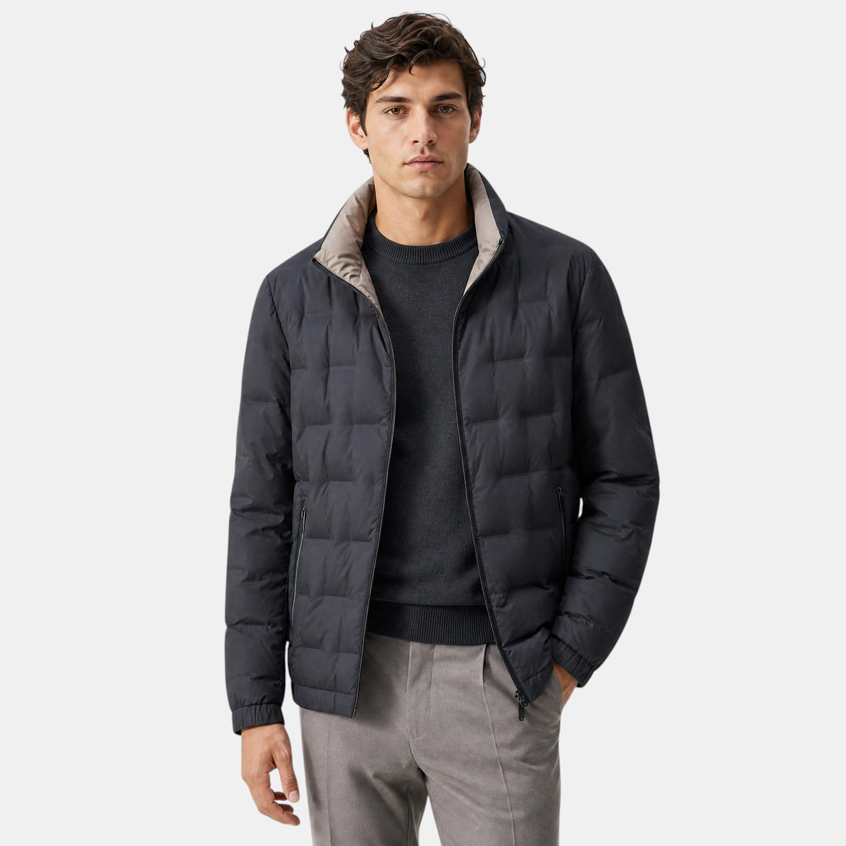 Men's Puffer Jacket with Stand Collar and Zip Front