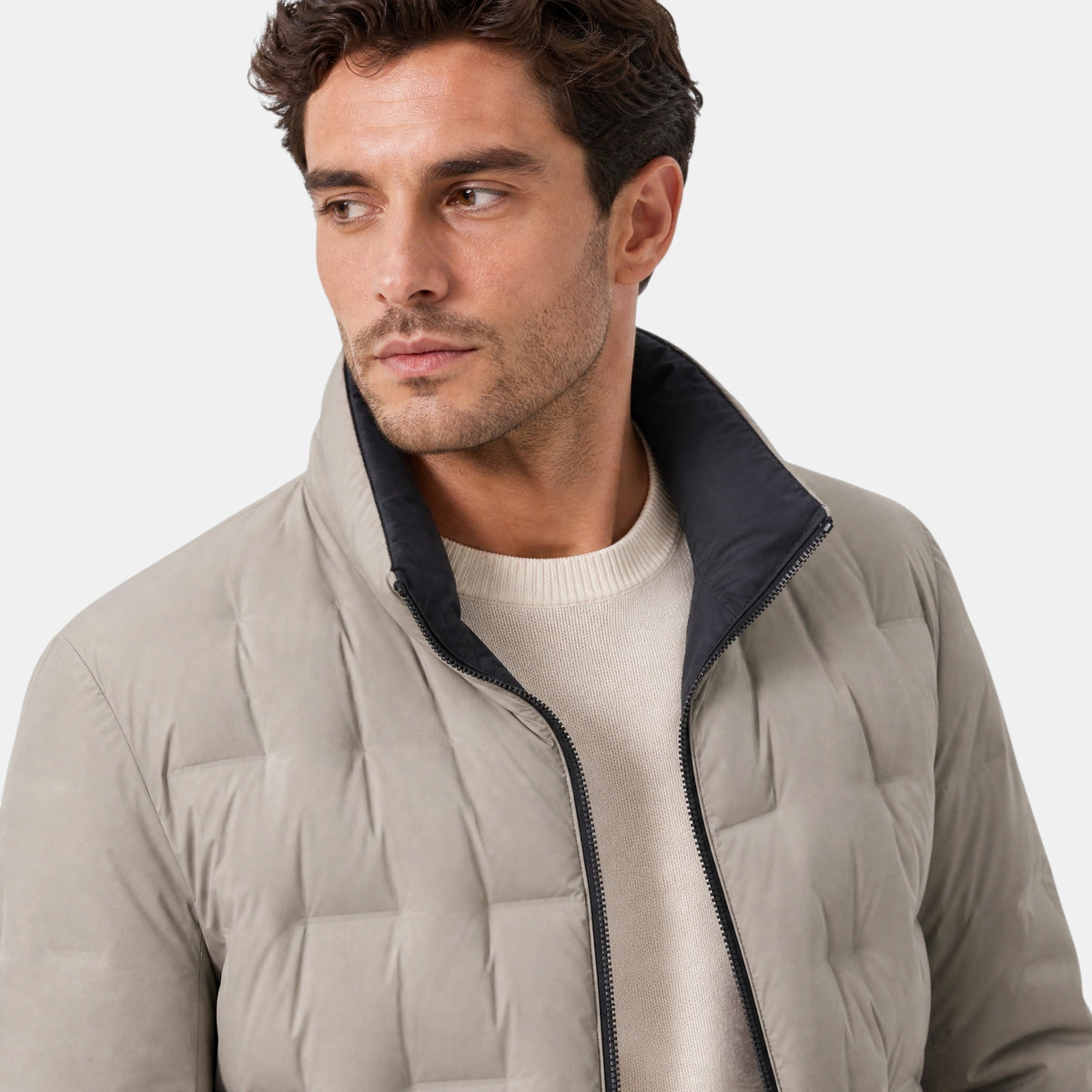 Men's Puffer Jacket with Stand Collar and Zip Front