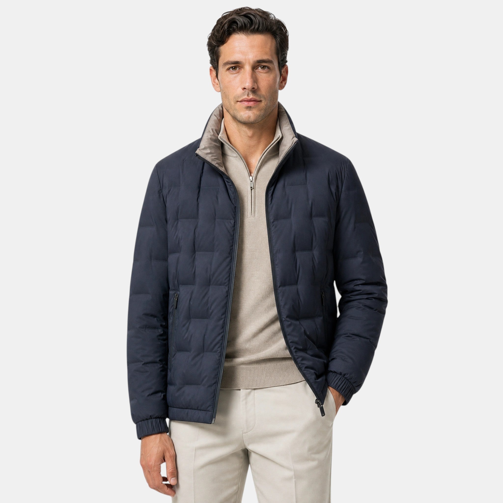 Men's Puffer Jacket with Stand Collar and Zip Front