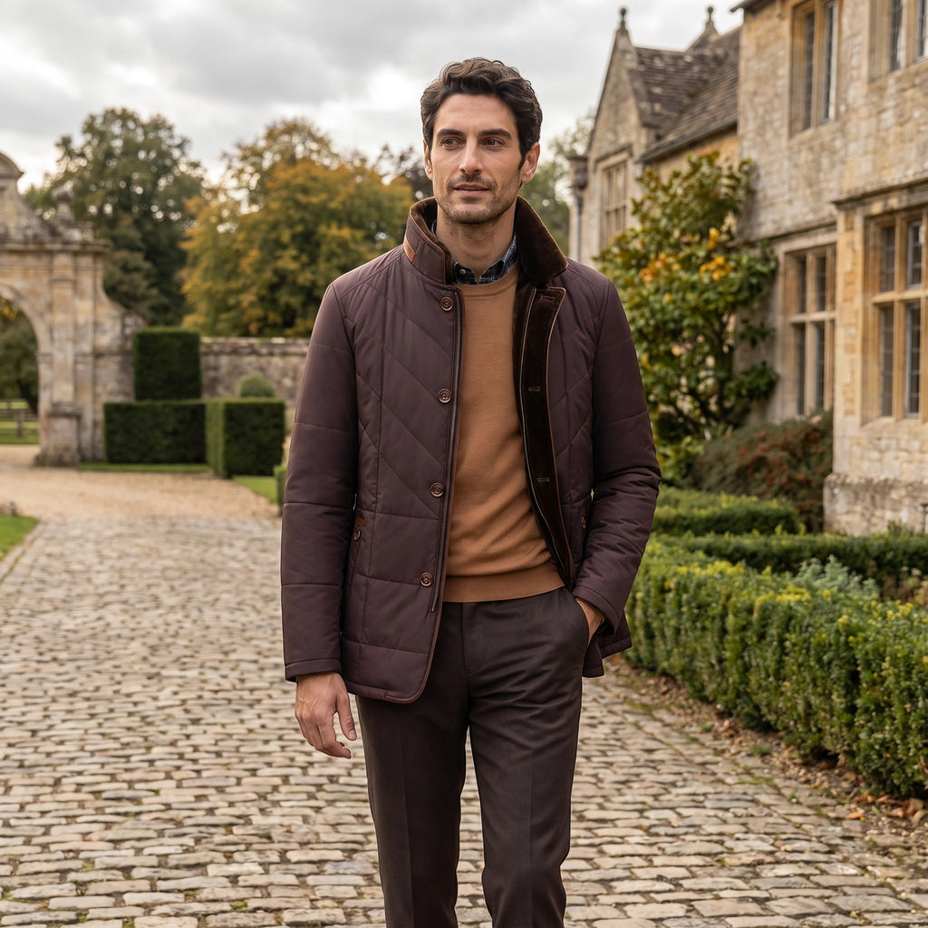 Men's Quilted Jacket with Stand Collar and Button Front