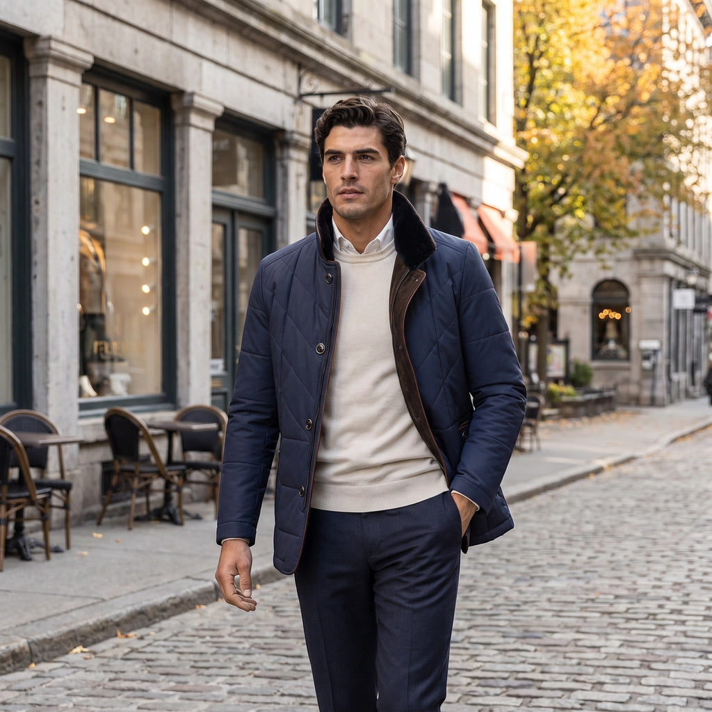 Men's Quilted Jacket with Stand Collar and Button Front