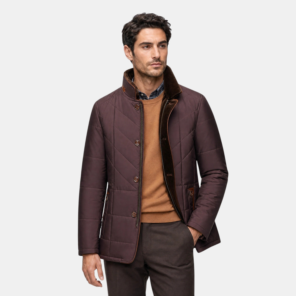 Men's Quilted Jacket with Stand Collar and Button Front