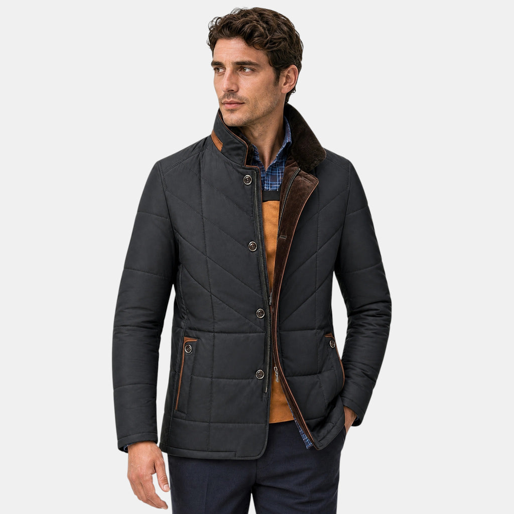 Men's Quilted Jacket with Stand Collar and Button Front