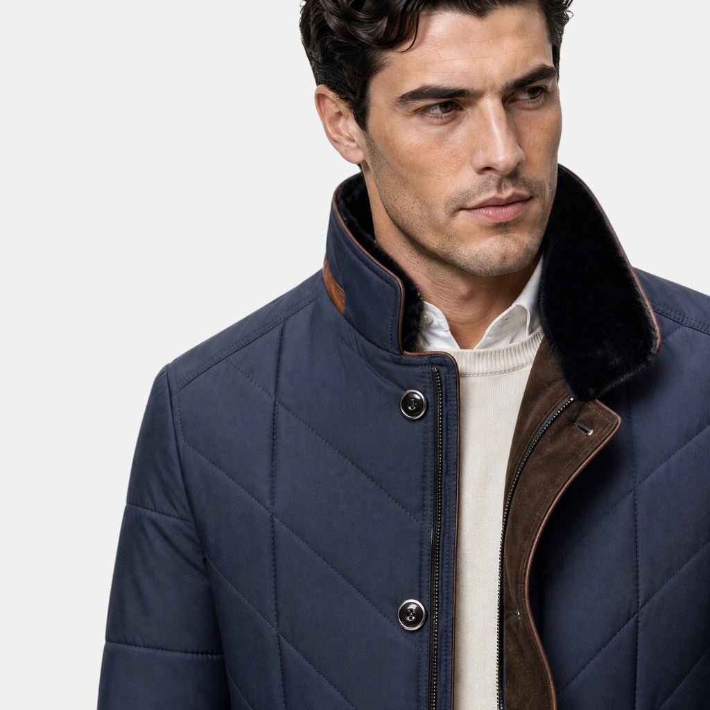 Men's Quilted Jacket with Stand Collar and Button Front