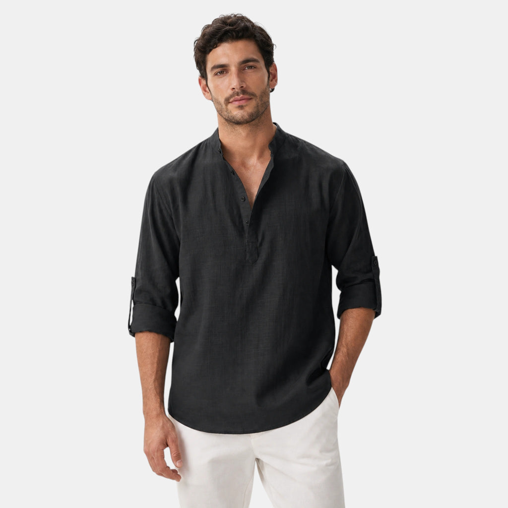 Men's Shirt with Mandarin Collar and Roll Tab Sleeves