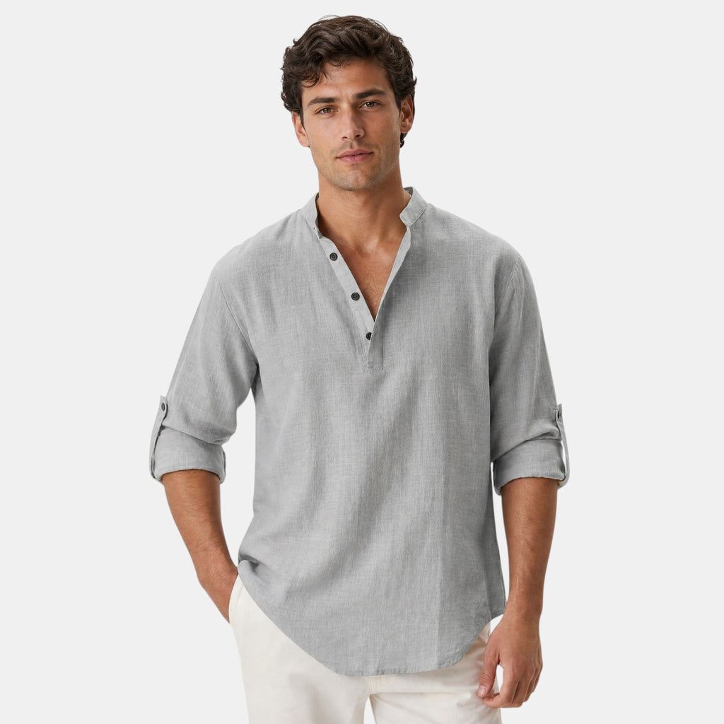 Men's Shirt with Mandarin Collar and Roll Tab Sleeves