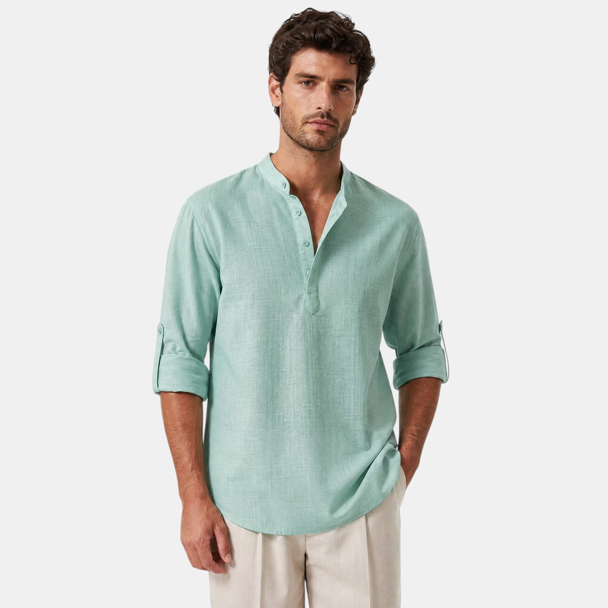 Men's Shirt with Mandarin Collar and Roll Tab Sleeves