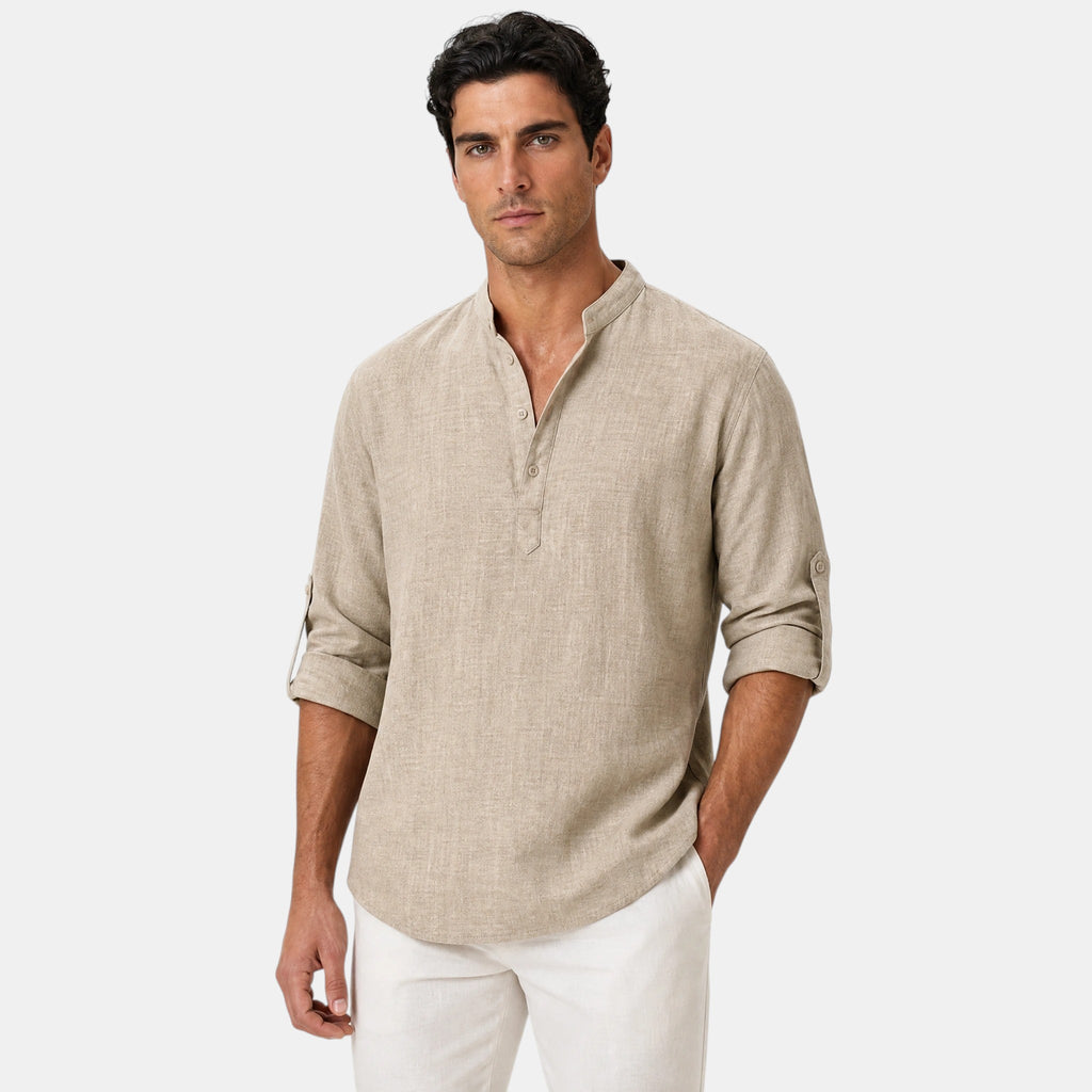 Men's Shirt with Mandarin Collar and Roll Tab Sleeves