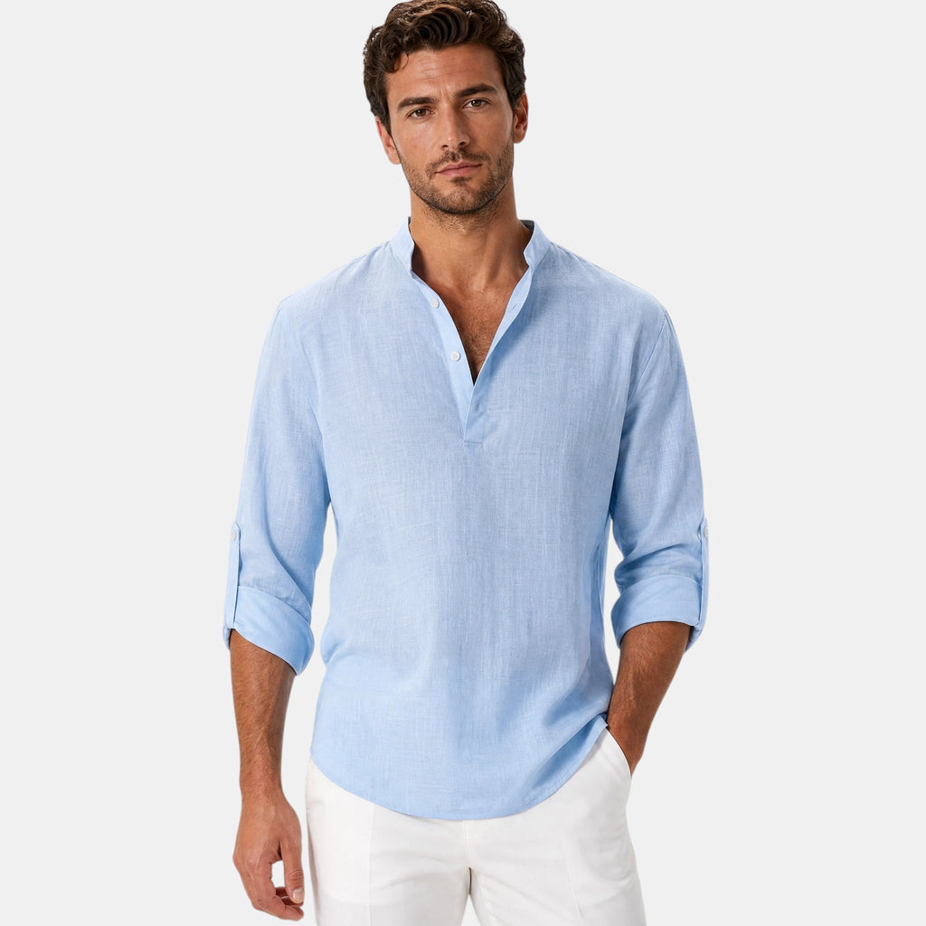 Men's Shirt with Mandarin Collar and Roll Tab Sleeves