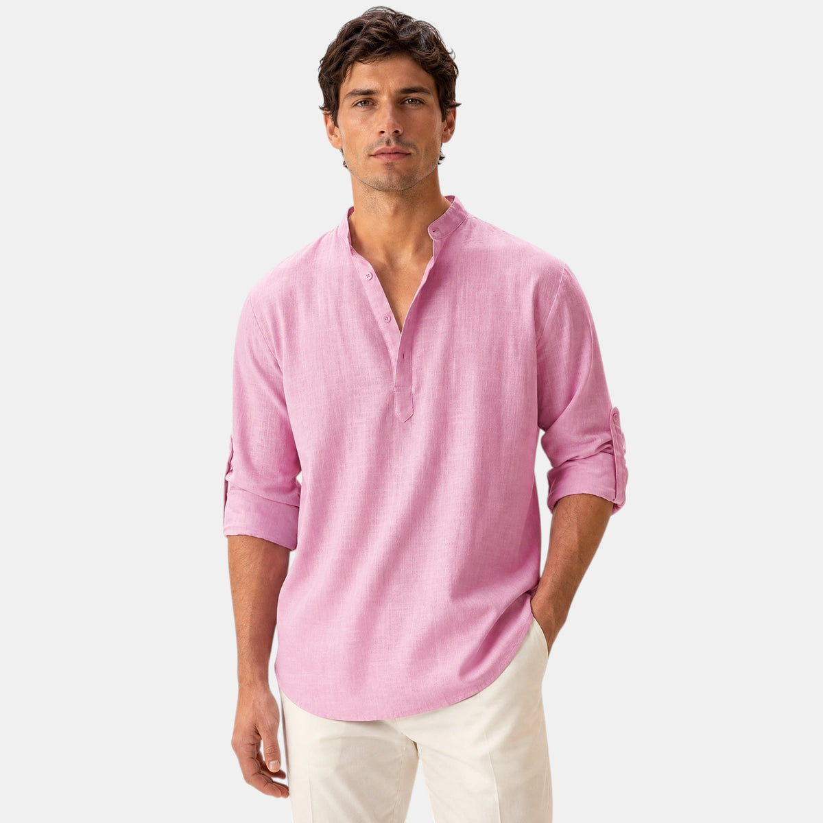 Men's Shirt with Mandarin Collar and Roll Tab Sleeves
