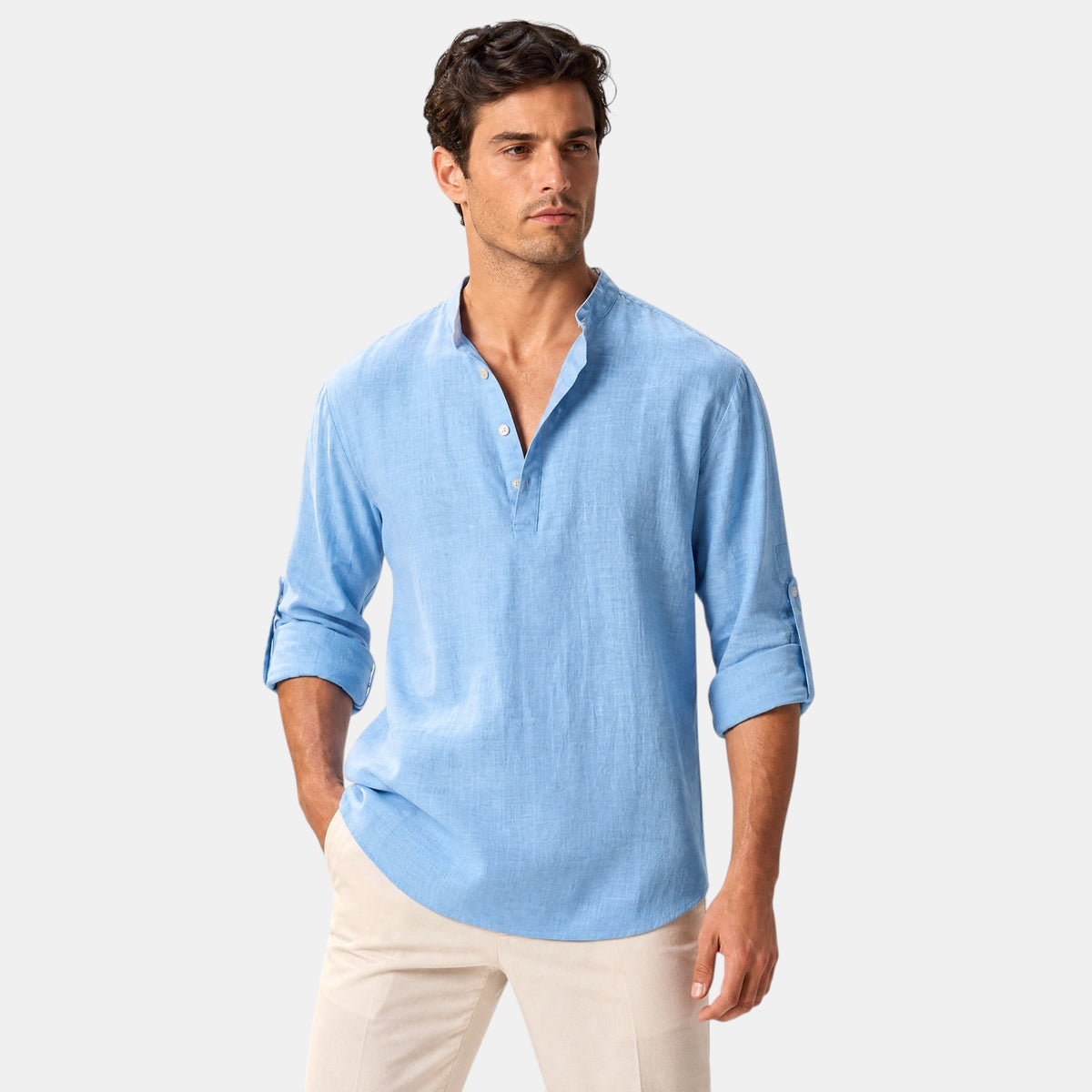 Men's Shirt with Mandarin Collar and Roll Tab Sleeves