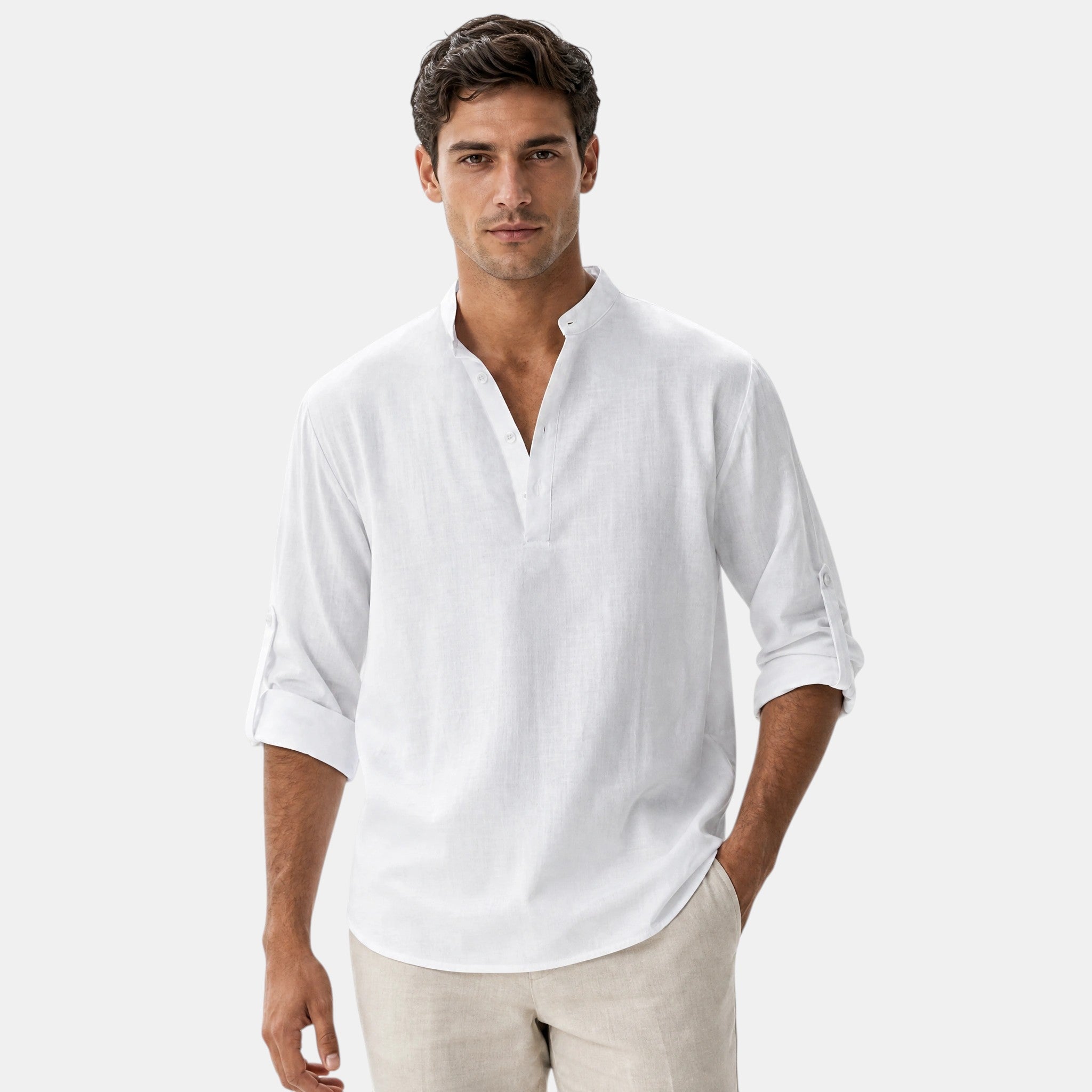 Men's Shirt with Mandarin Collar and Roll Tab Sleeves