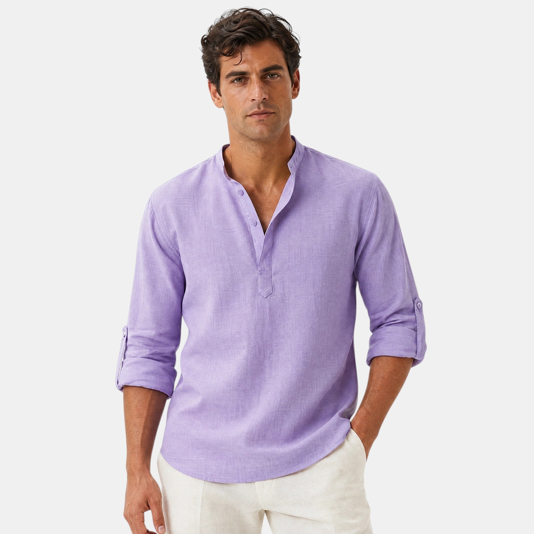 Men's Shirt with Mandarin Collar and Roll Tab Sleeves